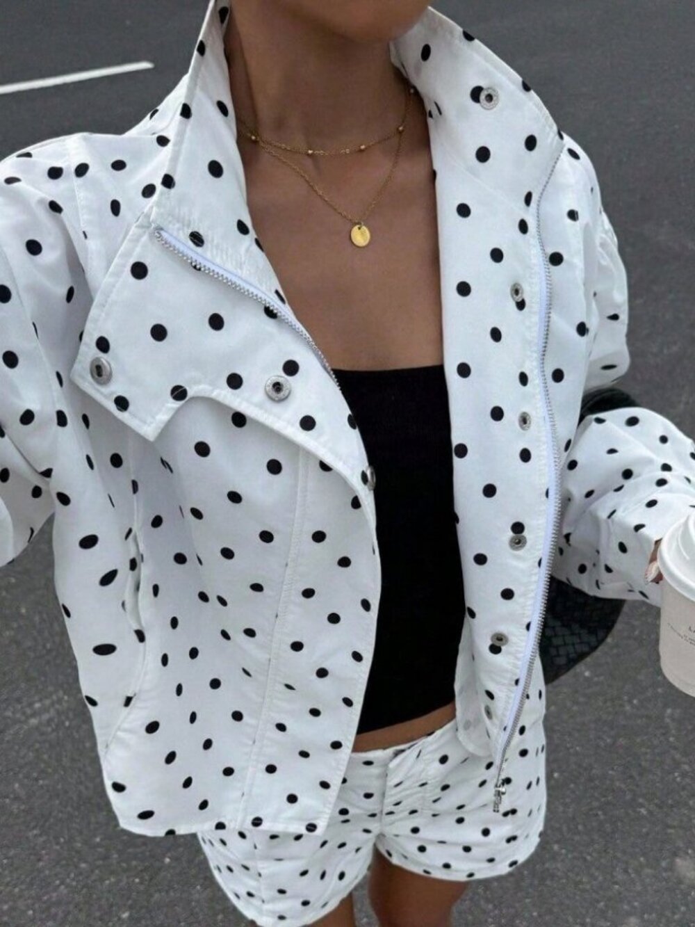 Casual Women's Polka Dot Print Long Sleeve Zip Front Jacket And Shorts set